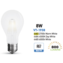 V-TAC LAMPADINA LED E27 8W BULB A67 FROST FILAMENTO LUCE BIANCA 2700K 4483