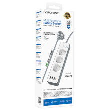 MULTIPRESA BOROFONE BAC9 3 PRESE SCHUKO 240V + 3 X USB + 1 X TYPE-C PD 20W 2M BIANCA-NERA