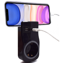 ADATTATORE 1 SCHUKO 16A + 2 USB 2.4A/5V CON SUPPORTO E SENSORE DIURNO/NOTTURNO NERO